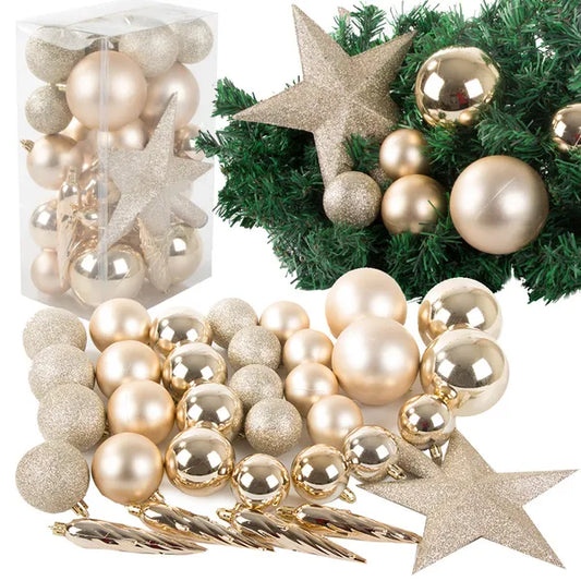 Sötétkék törhetetlen műanyag gömbdísz szett, 33 db, 8/6/5 cm, csillaggal