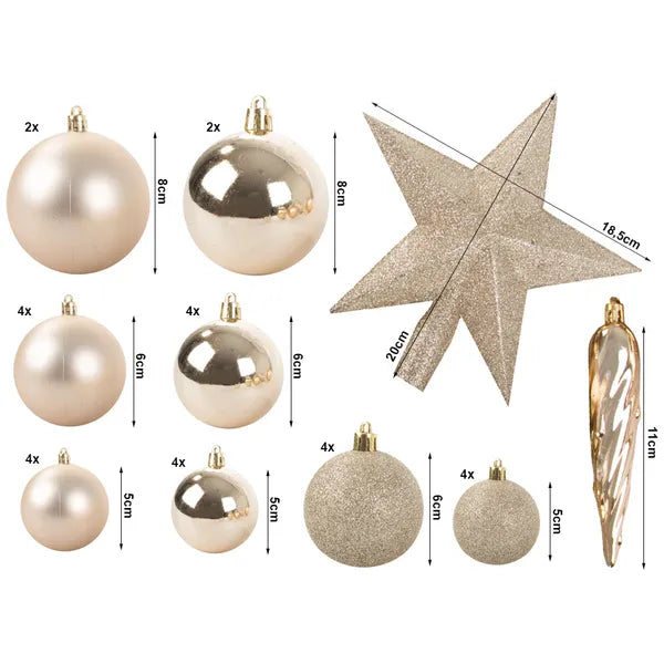 Sötétkék törhetetlen műanyag gömbdísz szett, 33 db, 8/6/5 cm, csillaggal