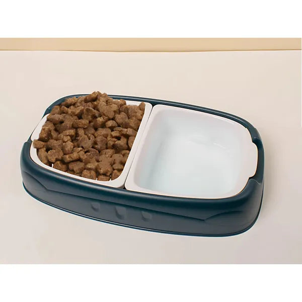 Dupla műanyag etetőtál kutyáknak/macskáknak, 2×0,5 l, kivehető betétek, kék