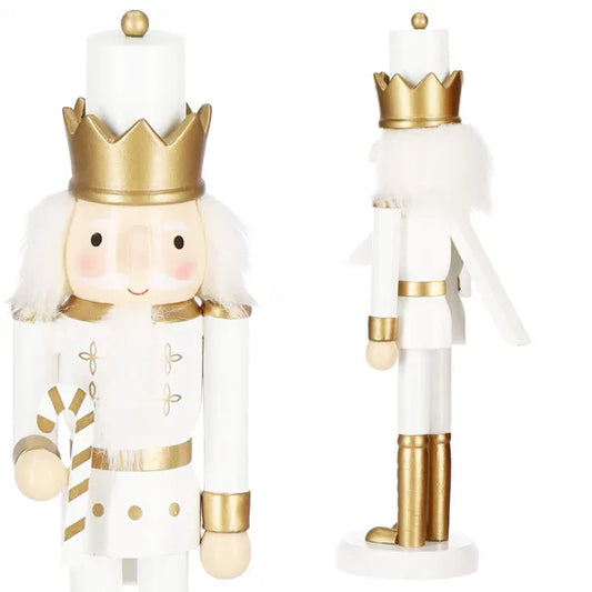 Fa karácsonyi diótörő figura, fehér–arany, 30 cm