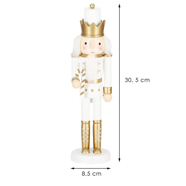 Fa karácsonyi diótörő figura, fehér–arany, 30 cm