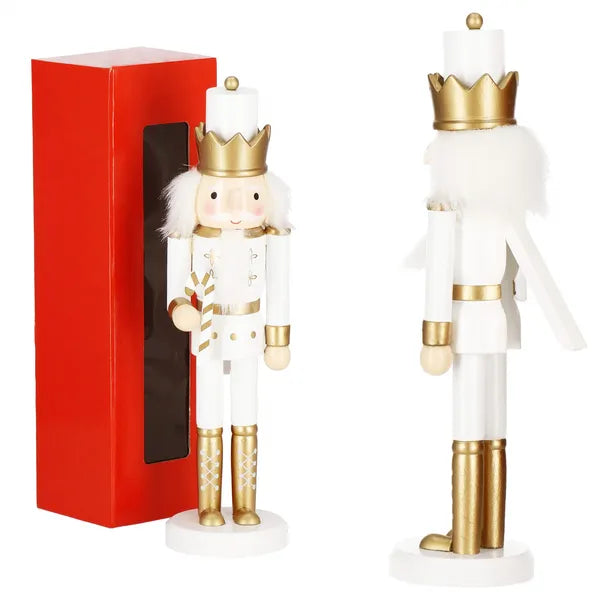 Fa karácsonyi diótörő figura, fehér–arany, 30 cm