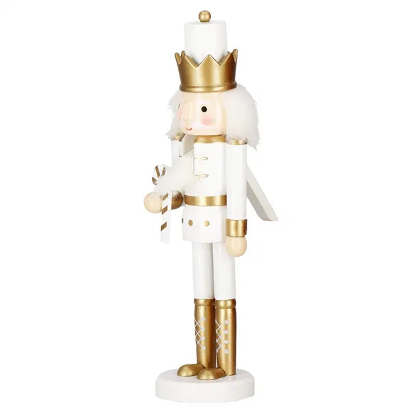 Fa karácsonyi diótörő figura, fehér–arany, 30 cm
