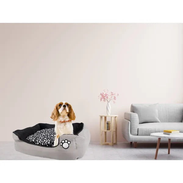 Plüss kutya- és macska fekhely kivehető párnával 60×50 cm szürke-fekete