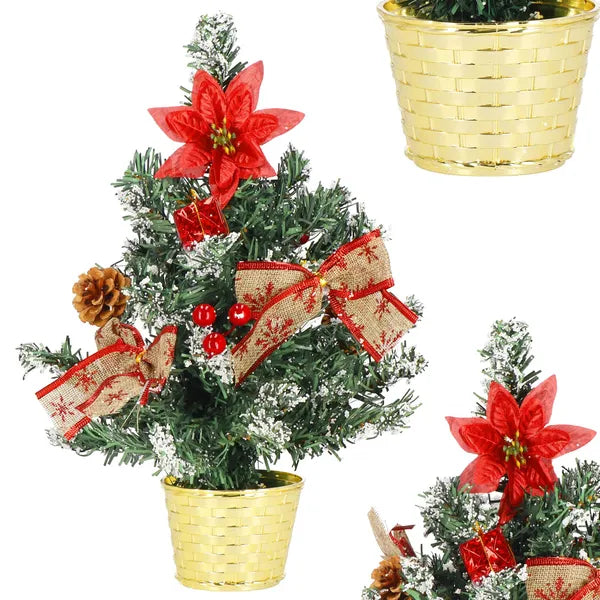 Asztali műfenyő díszcsomaggal, 40 cm, arany cserépben