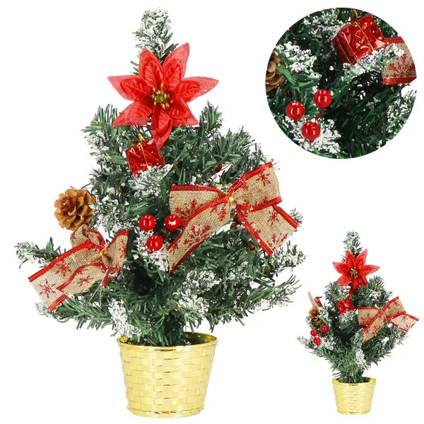 Asztali műfenyő díszcsomaggal, 40 cm, arany cserépben