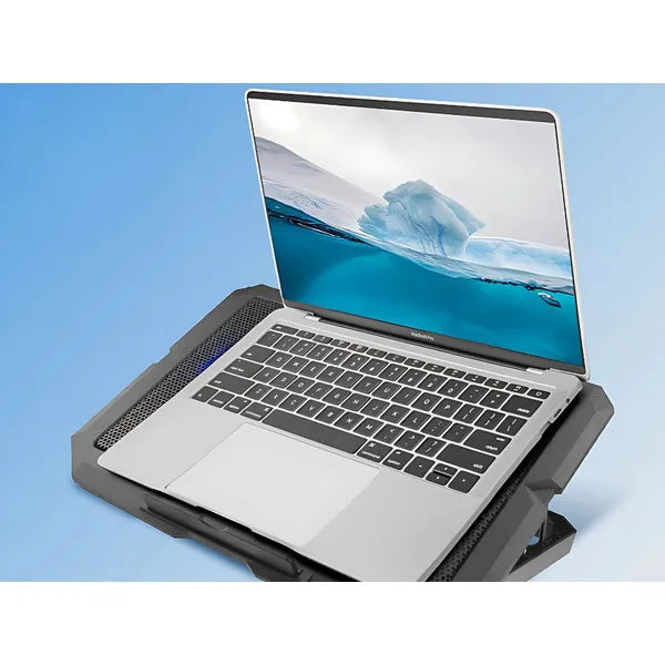 Laptop hűtőpad 4 ventilátorral, piros LED, dönthető, USB hub, 10–17″