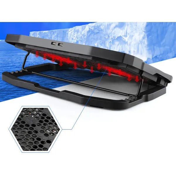 Laptop hűtőpad 4 ventilátorral, piros LED, dönthető, USB hub, 10–17″