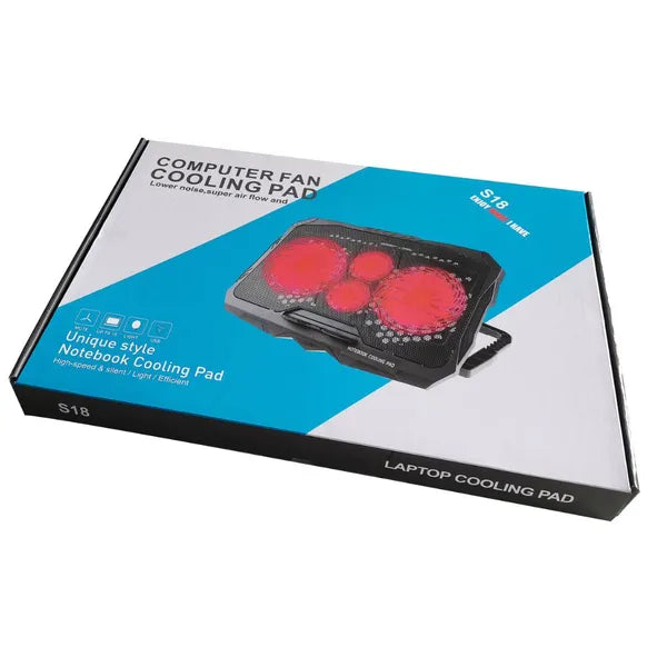 Laptop hűtőpad 4 ventilátorral, piros LED, dönthető, USB hub, 10–17″