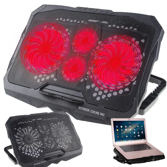 Laptop hűtőpad 4 ventilátorral, piros LED, dönthető, USB hub, 10–17″