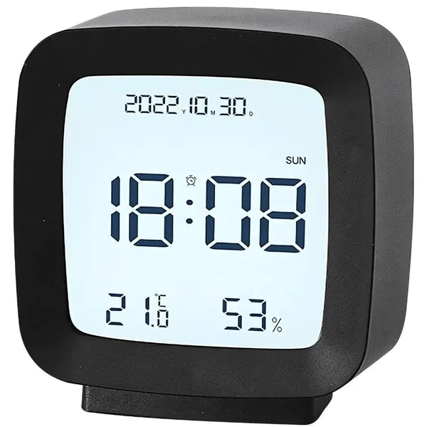 Fekete vezeték nélküli LCD ébresztőóra hő- és páratartalom-mérővel, szundival