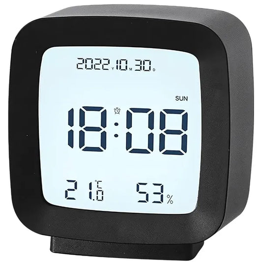 Fekete vezeték nélküli LCD ébresztőóra hő- és páratartalom-mérővel, szundival