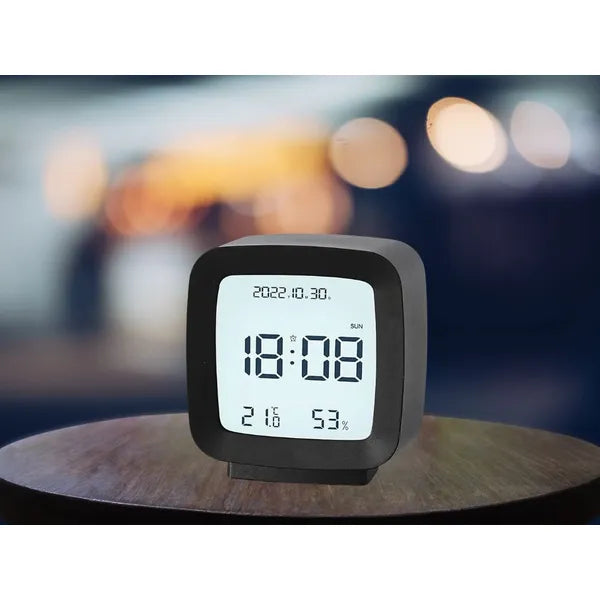 Fekete vezeték nélküli LCD ébresztőóra hő- és páratartalom-mérővel, szundival