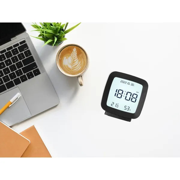 Fekete vezeték nélküli LCD ébresztőóra hő- és páratartalom-mérővel, szundival