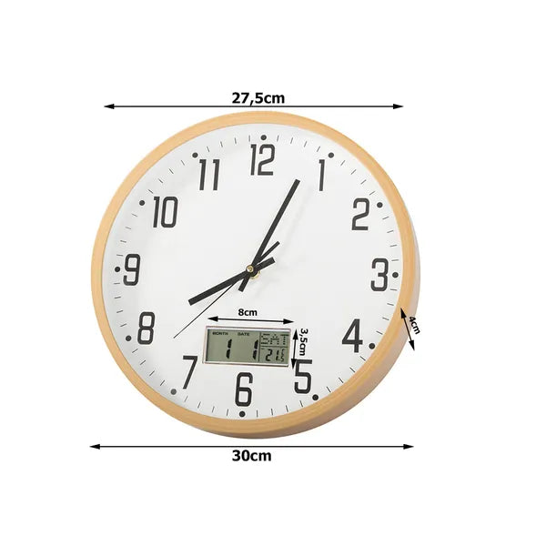 Csendes, nagy 30 cm-es falióra digitális dátum- és hőmérséklet-kijelzővel