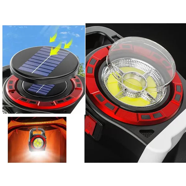 Napelemes hordozható LED zseblámpa 20W, powerbank, 3 mód, IP44, USB