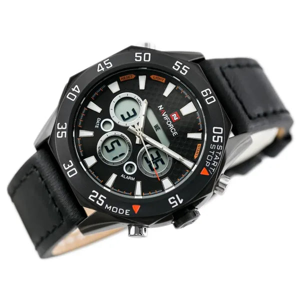NAVIFORCE Lancer férfi dual time karóra, fekete bőr szíj, 48 mm