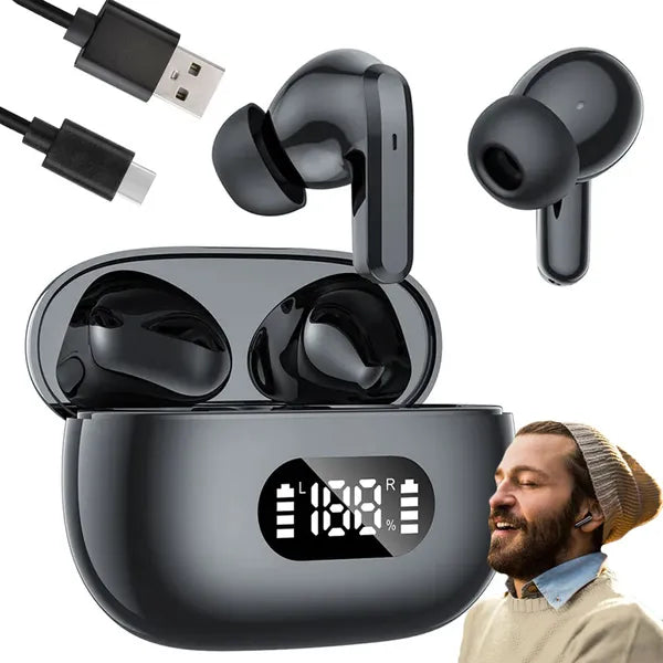 Bluetooth 5.0 vezeték nélküli fülhallgató LED kijelzős tok, mikrofonnal, fekete