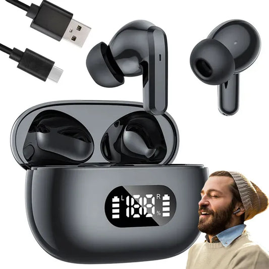 Bluetooth 5.0 vezeték nélküli fülhallgató LED kijelzős tok, mikrofonnal, fekete