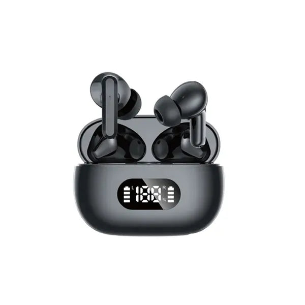 Bluetooth 5.0 vezeték nélküli fülhallgató LED kijelzős tok, mikrofonnal, fekete