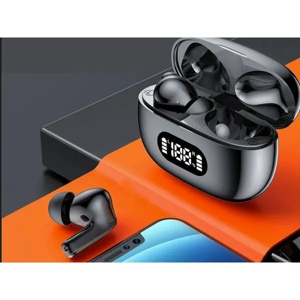 Bluetooth 5.0 vezeték nélküli fülhallgató LED kijelzős tok, mikrofonnal, fekete