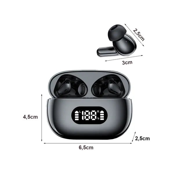 Bluetooth 5.0 vezeték nélküli fülhallgató LED kijelzős tok, mikrofonnal, fekete