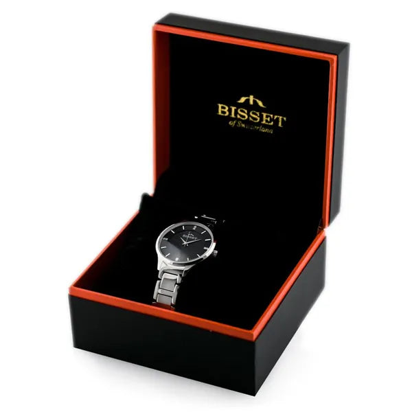 BISSET BSBE45 női karóra, ezüst nemesacél, fekete számlap, 34 mm
