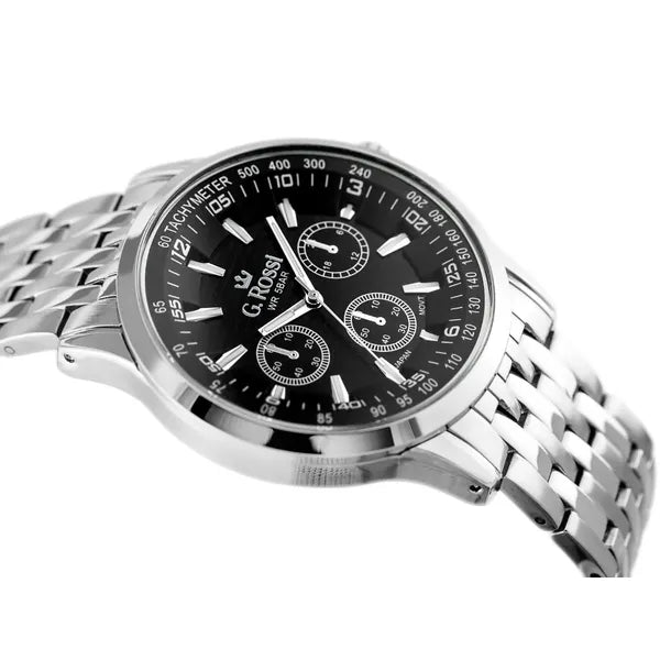Férfi karóra ezüst fémszíjjal, fekete számlap, 42 mm, WR30, kvarc