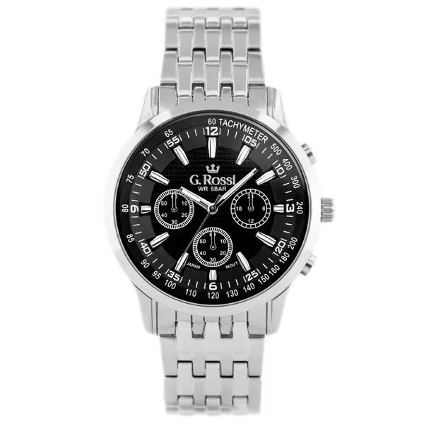 Férfi karóra ezüst fémszíjjal, fekete számlap, 42 mm, WR30, kvarc