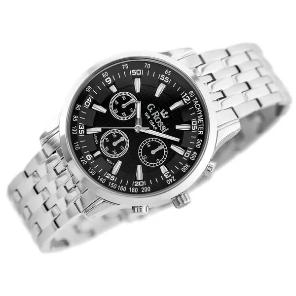 Férfi karóra ezüst fémszíjjal, fekete számlap, 42 mm, WR30, kvarc
