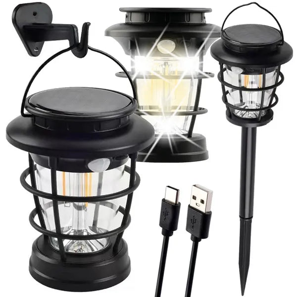 Napelemes LED kemping és kerti lámpás USB-töltéssel, mozgás-/fényérzékelő