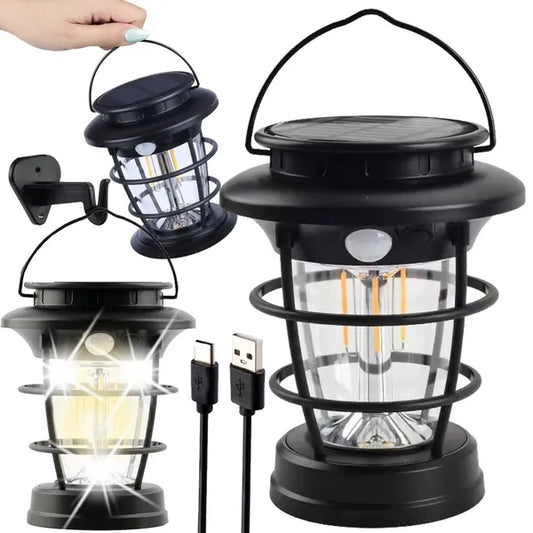 Napelemes LED kemping lámpa USB-töltéssel, mozgás- és alkonyérzékelő, IPX65