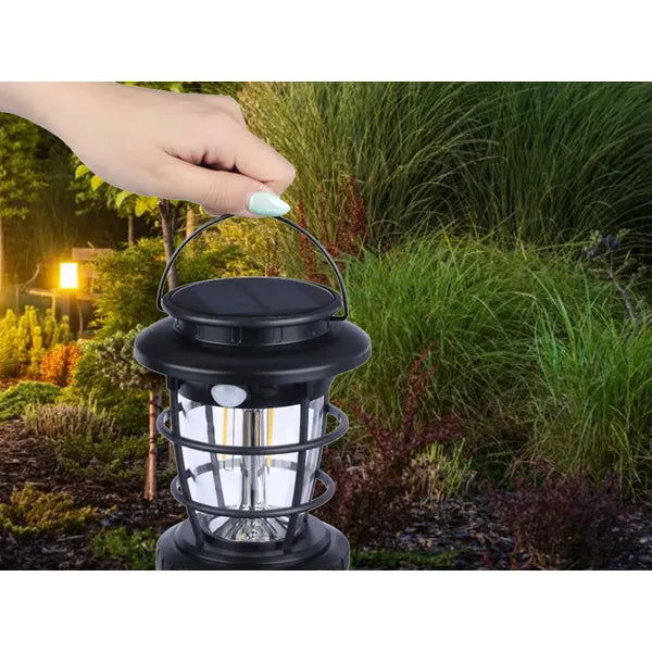 Napelemes LED kemping lámpa USB-töltéssel, mozgás- és alkonyérzékelő, IPX65