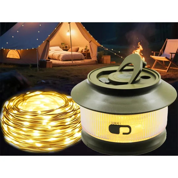 Újratölthető kemping LED lámpa, 20 m meleg fényfüzér, USB-C, IPX4