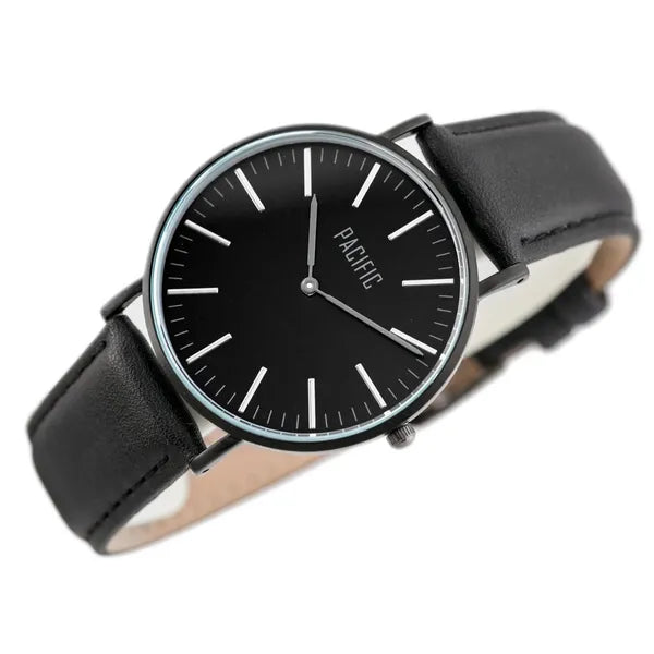Pacific Close női kvarc karóra, fekete bőr szíj, 40 mm, fekete/ezüst