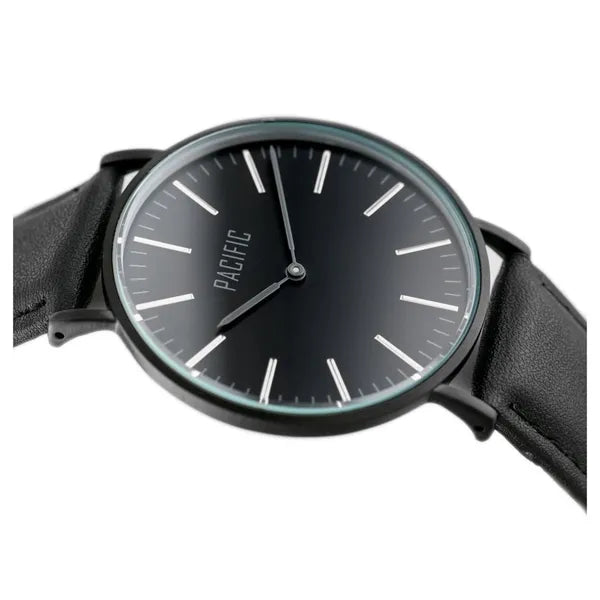 Pacific Close női kvarc karóra, fekete bőr szíj, 40 mm, fekete/ezüst