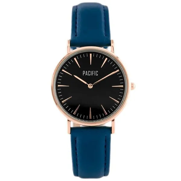 Női quartz karóra ajándékszett 36 mm, kék bőr- és rosegold pánttal