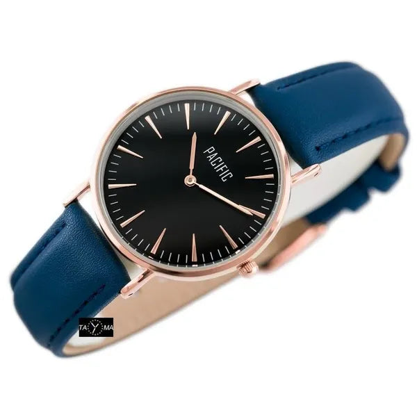 Női quartz karóra ajándékszett 36 mm, kék bőr- és rosegold pánttal