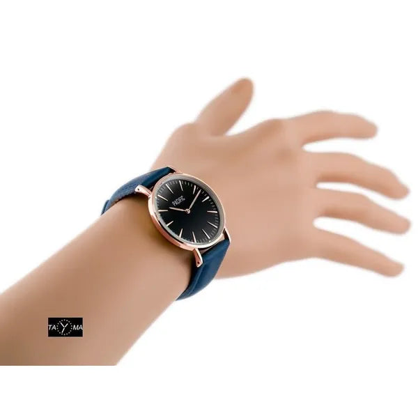 Női quartz karóra ajándékszett 36 mm, kék bőr- és rosegold pánttal