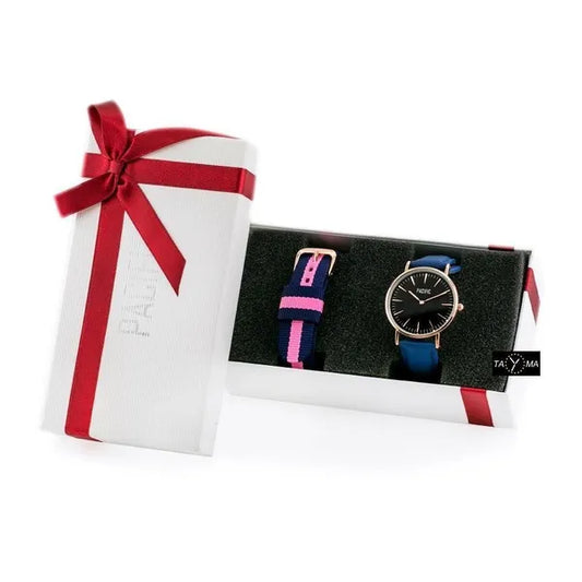 Női quartz karóra ajándékszett 36 mm, kék bőr- és rosegold pánttal
