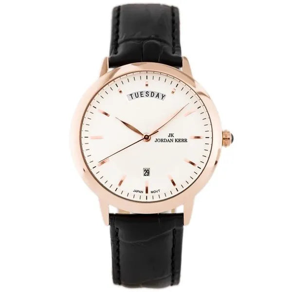 Férfi karóra 40 mm rosegold tok, ezüst számlap, fekete bőr szíj, dátum