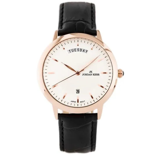 Férfi karóra 40 mm rosegold tok, ezüst számlap, fekete bőr szíj, dátum