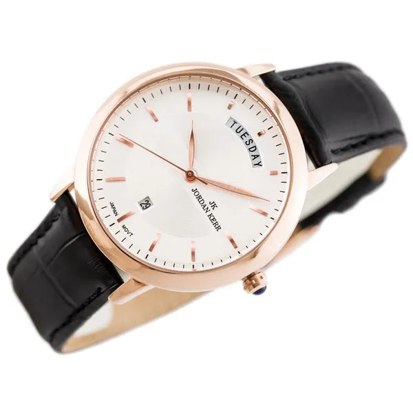 Férfi karóra 40 mm rosegold tok, ezüst számlap, fekete bőr szíj, dátum
