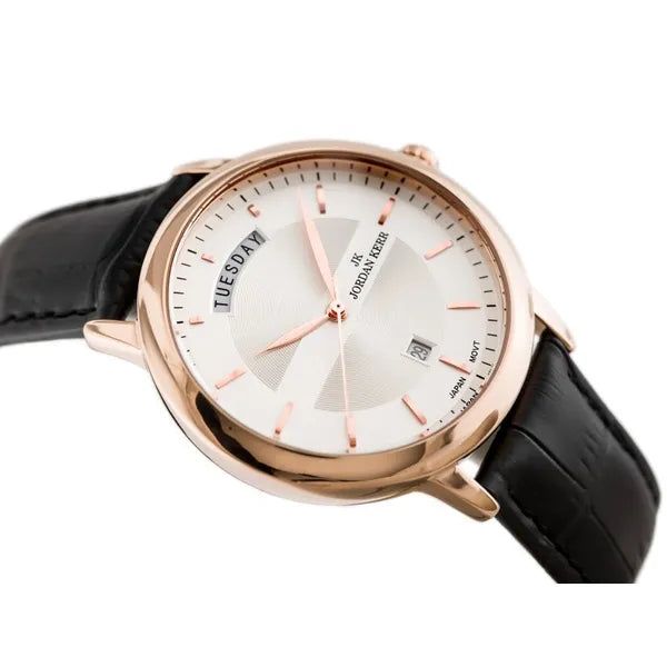 Férfi karóra 40 mm rosegold tok, ezüst számlap, fekete bőr szíj, dátum
