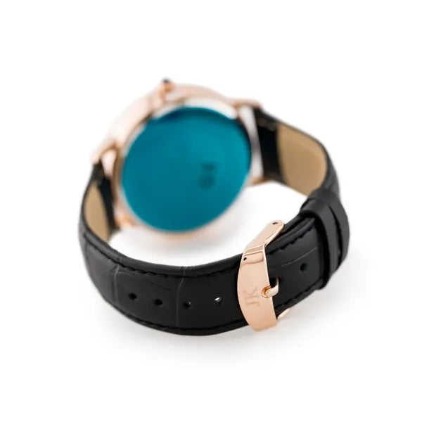 Férfi karóra 40 mm rosegold tok, ezüst számlap, fekete bőr szíj, dátum