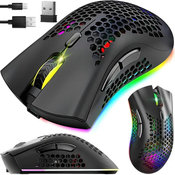 Vezeték nélküli RGB gamer egér 2.4 GHz, 800-1600 DPI, újratölthető, fekete