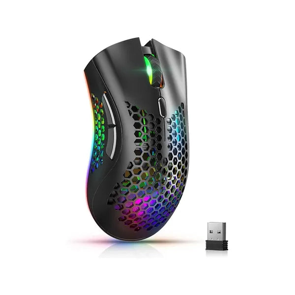 Vezeték nélküli RGB gamer egér 2.4 GHz, 800-1600 DPI, újratölthető, fekete