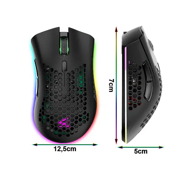 Vezeték nélküli RGB gamer egér 2.4 GHz, 800-1600 DPI, újratölthető, fekete