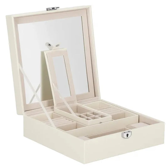 Krém eco-bőr ékszerdoboz kulccsal és tükörrel 25×25×8,5 cm