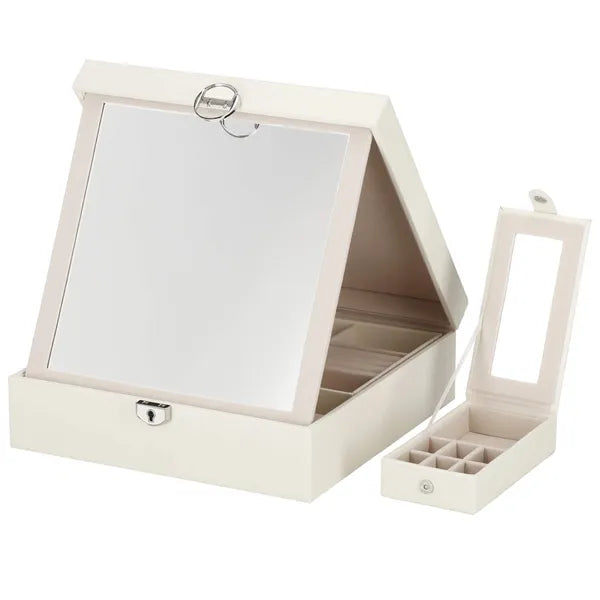Krém eco-bőr ékszerdoboz kulccsal és tükörrel 25×25×8,5 cm